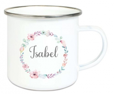 ♥ Tasse Emailletasse Kranz zarte Blüten tolle Farben Wunschname, Dankeschön, Abschied, Jubiläum, Geschenk, Becher von Lüttentüddel